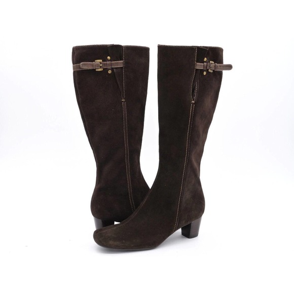 Ecco Shoes - Ecco Womens 7.5 Knee High Boots Brown Suede Strap & Buckle Accent Side Zip EU 38